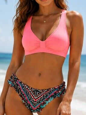 Coco Rave Xlarge Neon pink Bralette & scrunched ruched back bikini bottom  Xl
